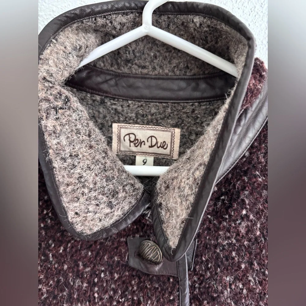 Vintage Made In Japan Women's Brown Wool Leather Trim Coat L - Picture 4 of 9